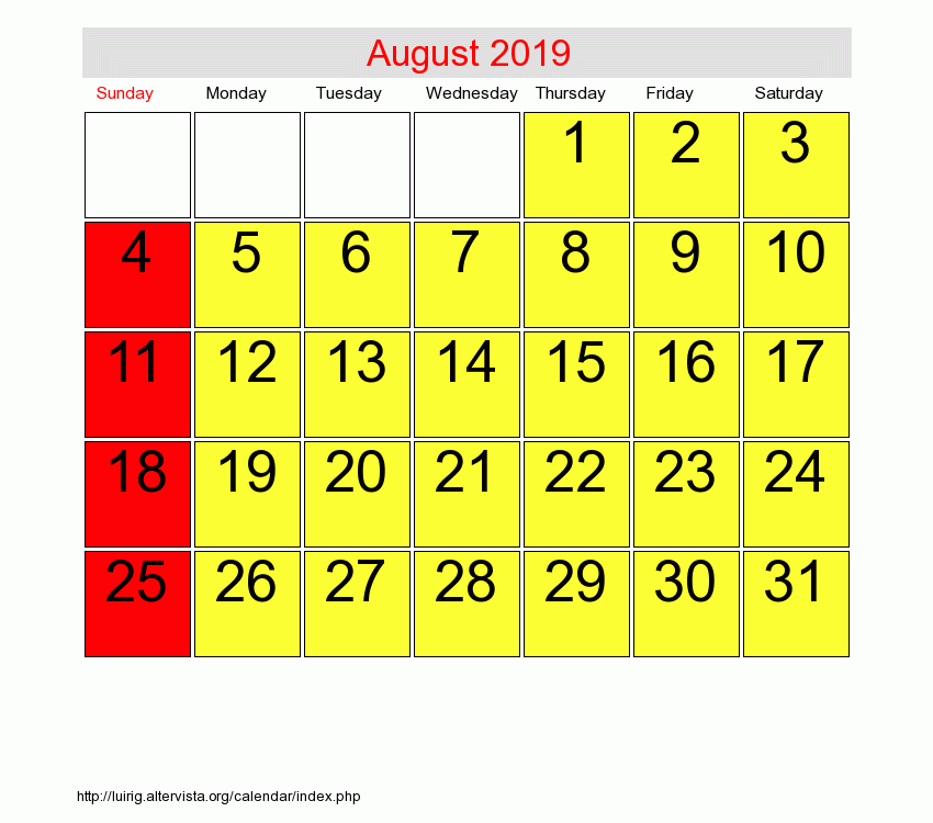 Blank Printable August 2019 Calendar