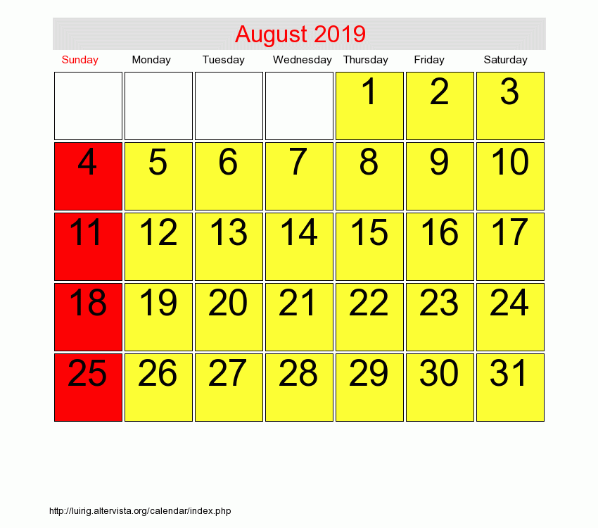Blank Printable August 2019 Calendar Blank Printable August 2019 Calendar