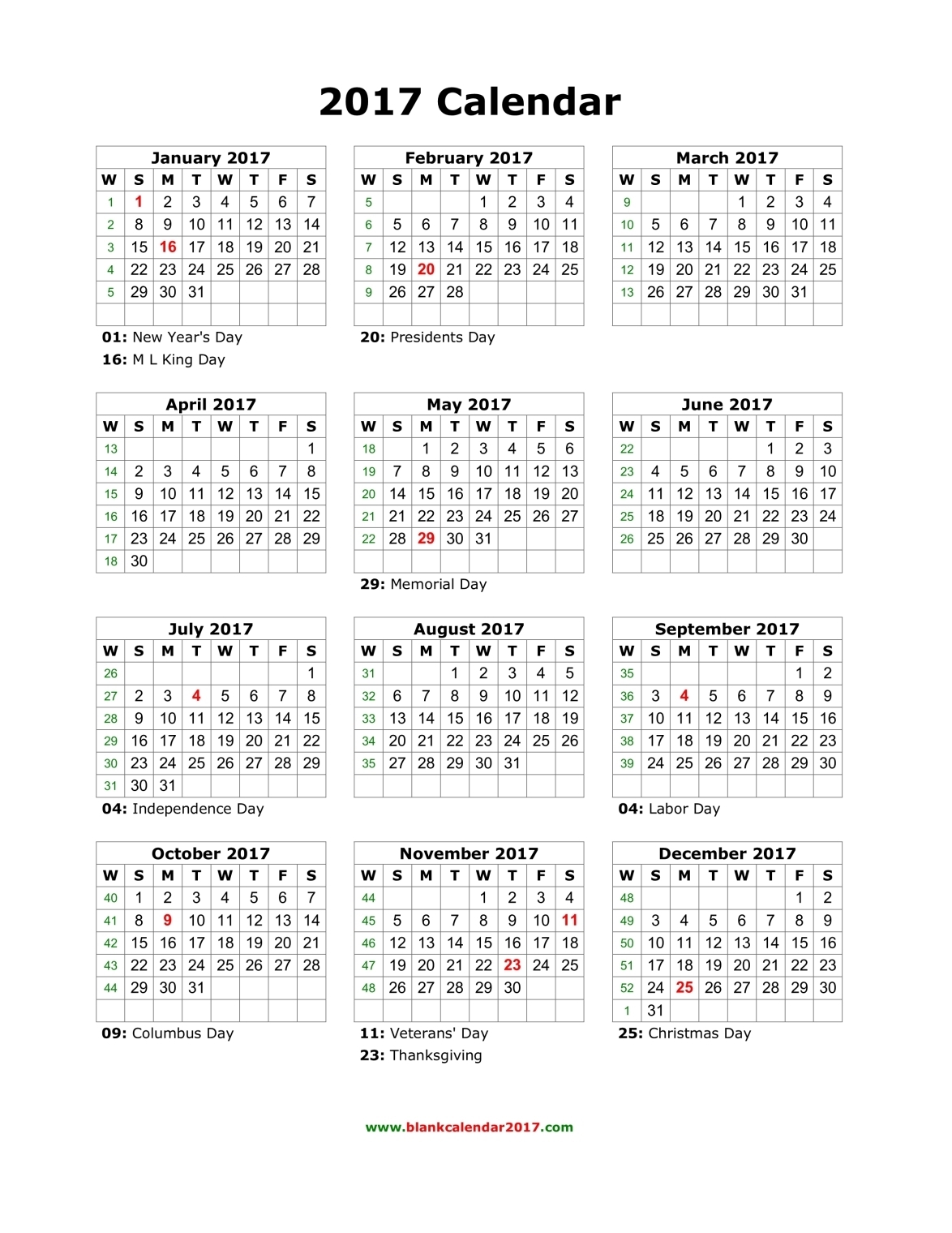 January 2017 calendar template | January 2017 printable calendar