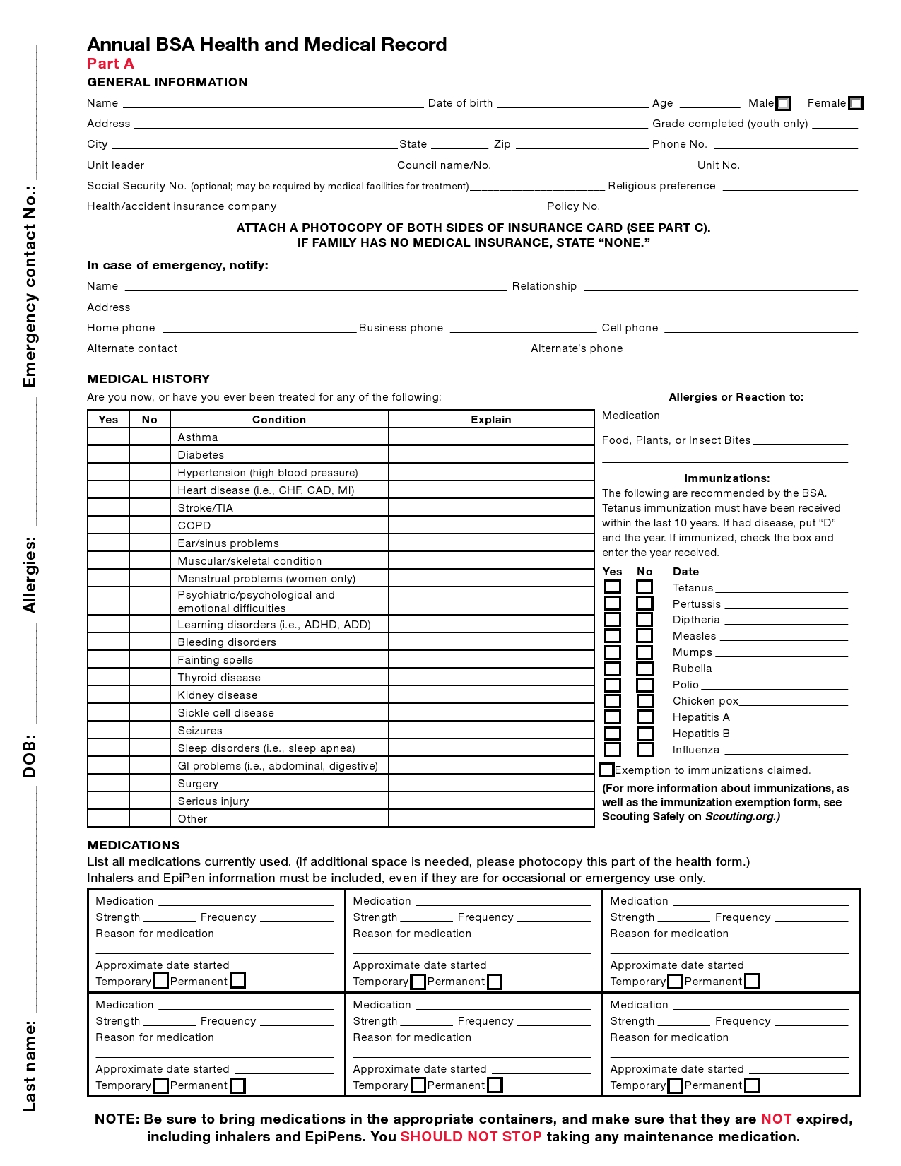 Bsa Medical Form templates free printable