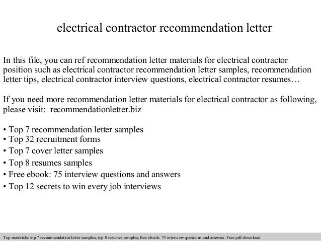 Electrical contractor recommendation letter