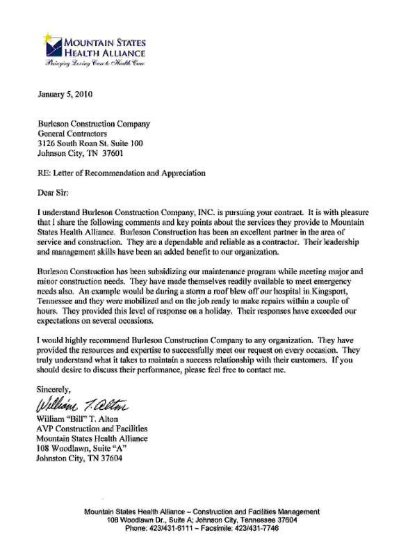 Letters of Recommendation Burleson Construction General Contractor Letters of Recommendation Burleson Construction General Contractor