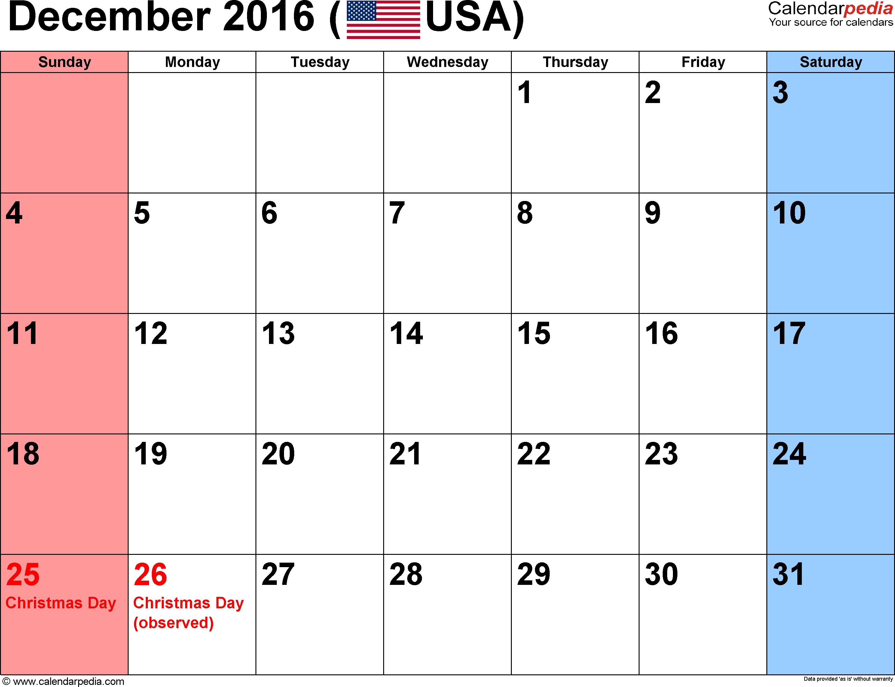 December 2016 Calendars for Word, Excel & PDF