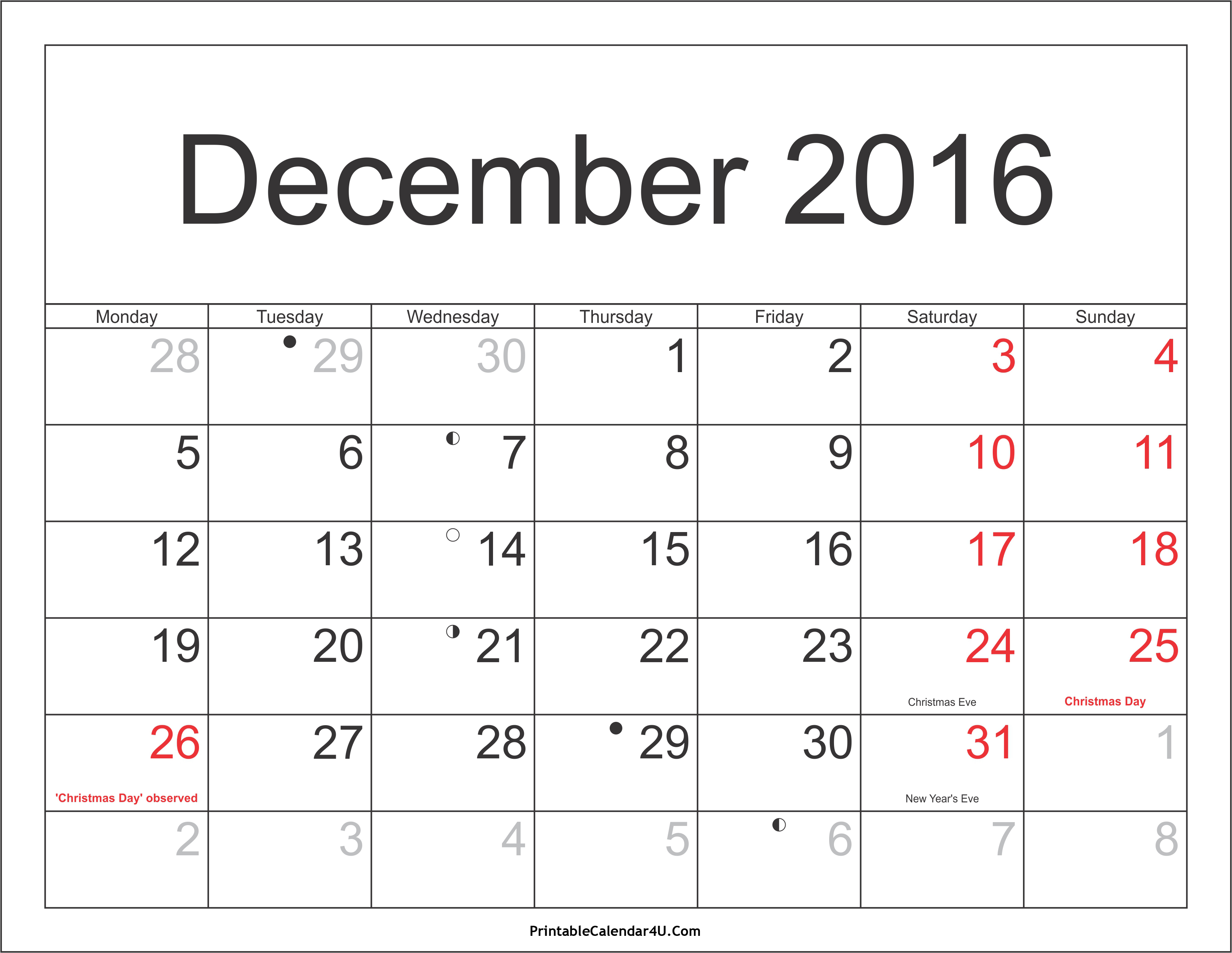 December 2016 Calendar Printable with Holidays PDF and 