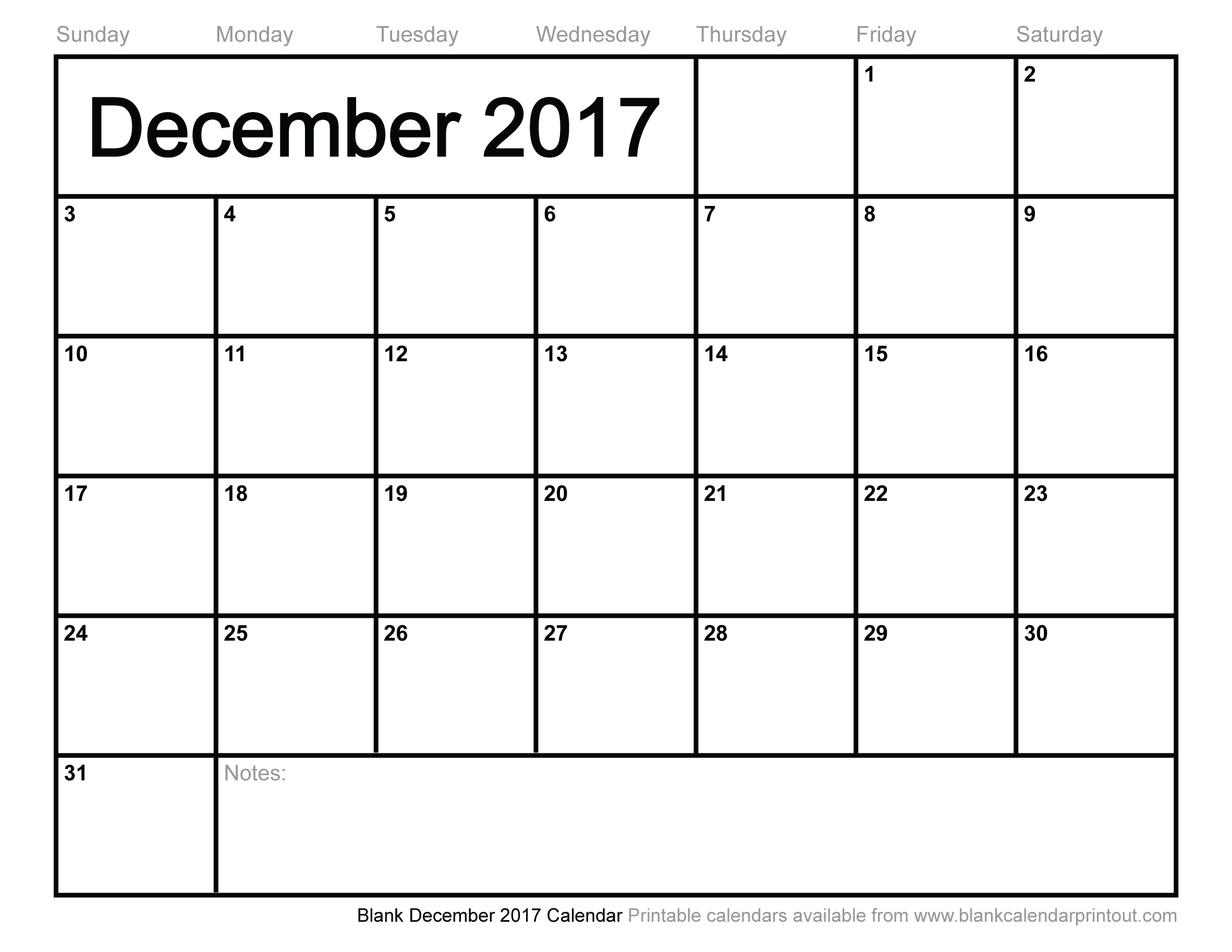 Blank December 2017 Calendar to Print
