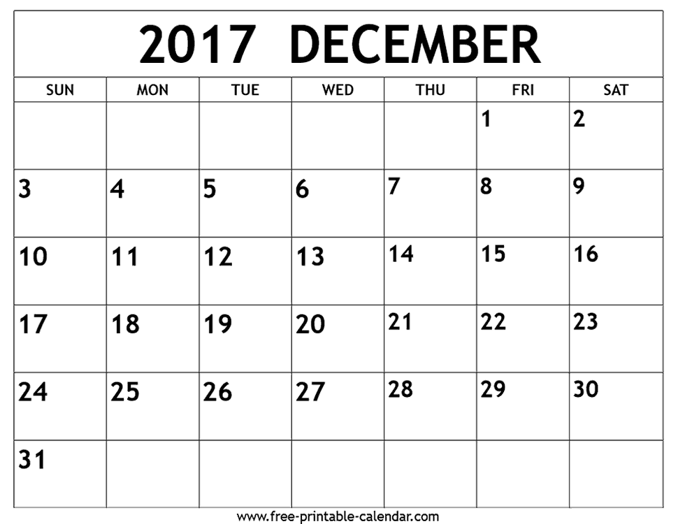 December 2017 calendar Free printable calendar.com