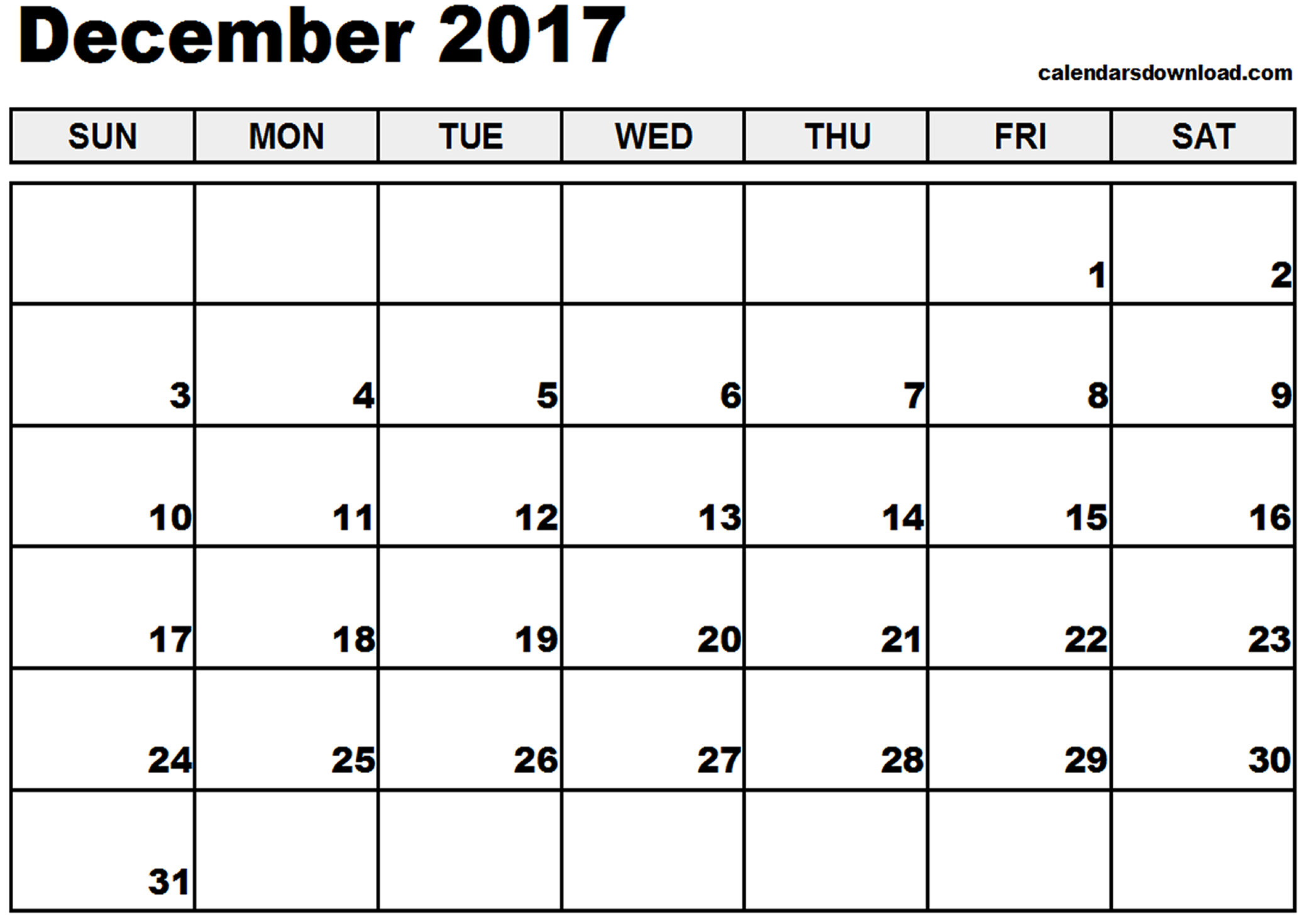 December 2017 Calendar | weekly calendar template