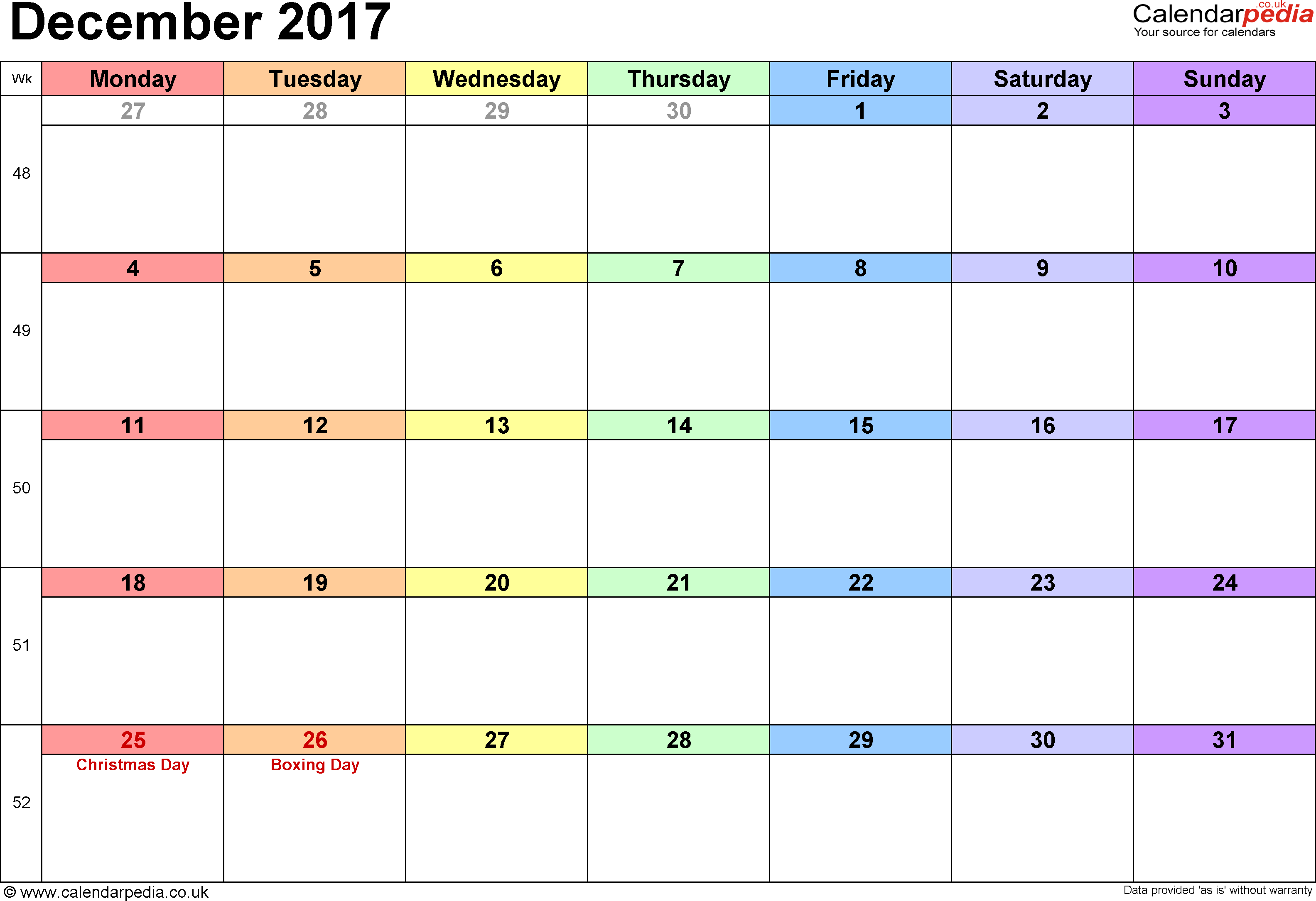 Calendar December 2017 UK, Bank Holidays, Excel/PDF/Word Templates
