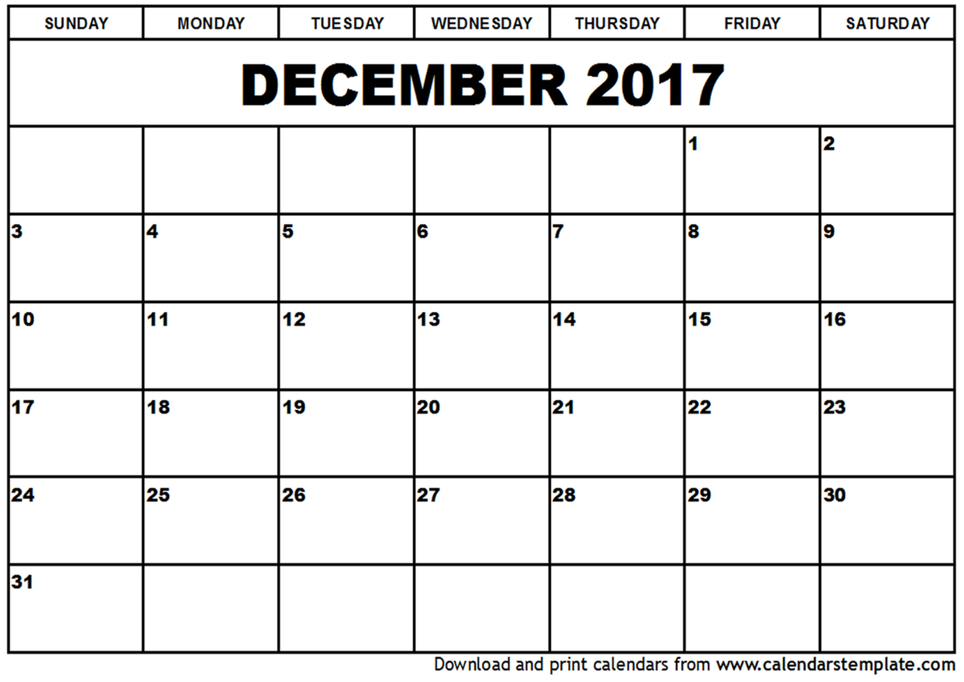 December 2017 Calendar Template | weekly calendar template