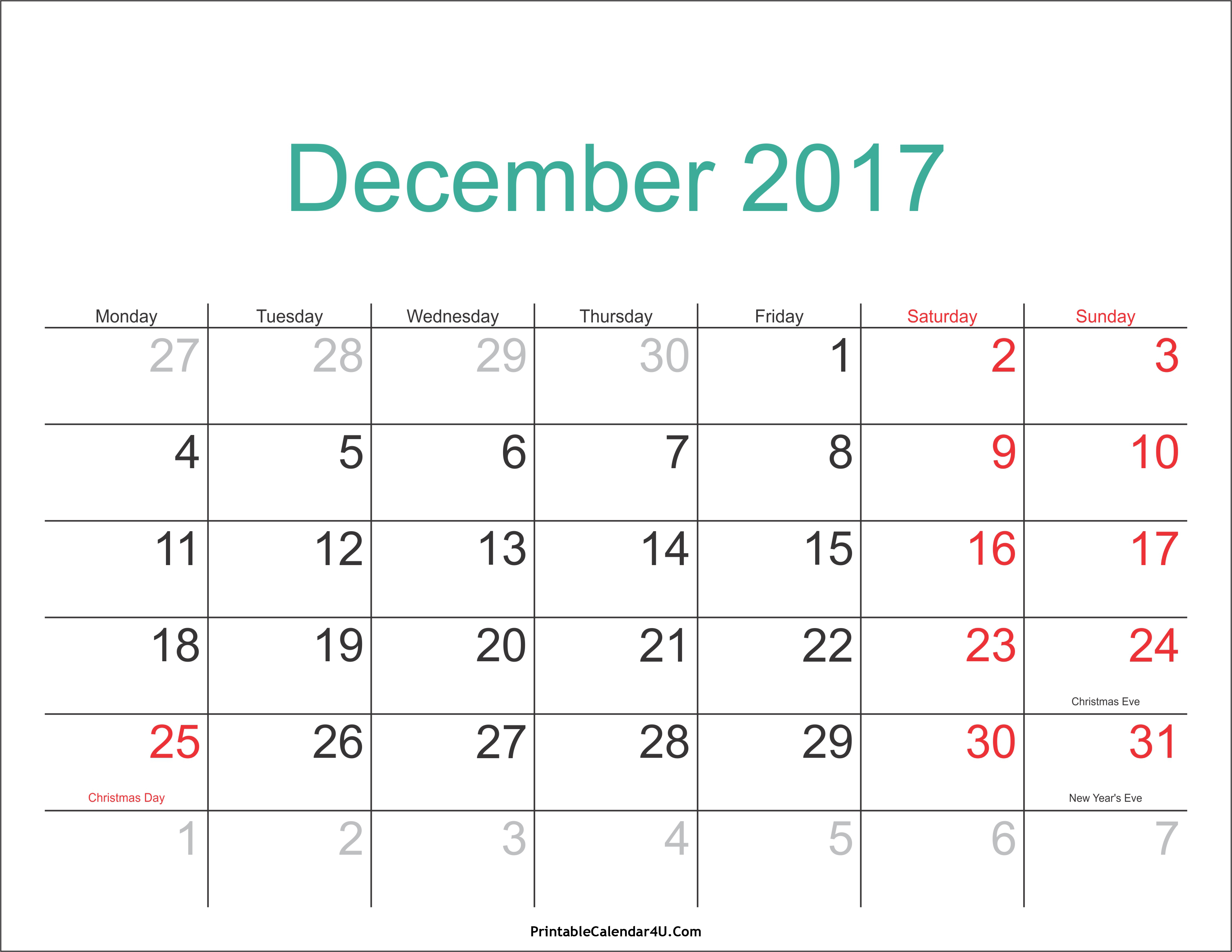 December 2017 Calendar Printable with Holidays PDF and 