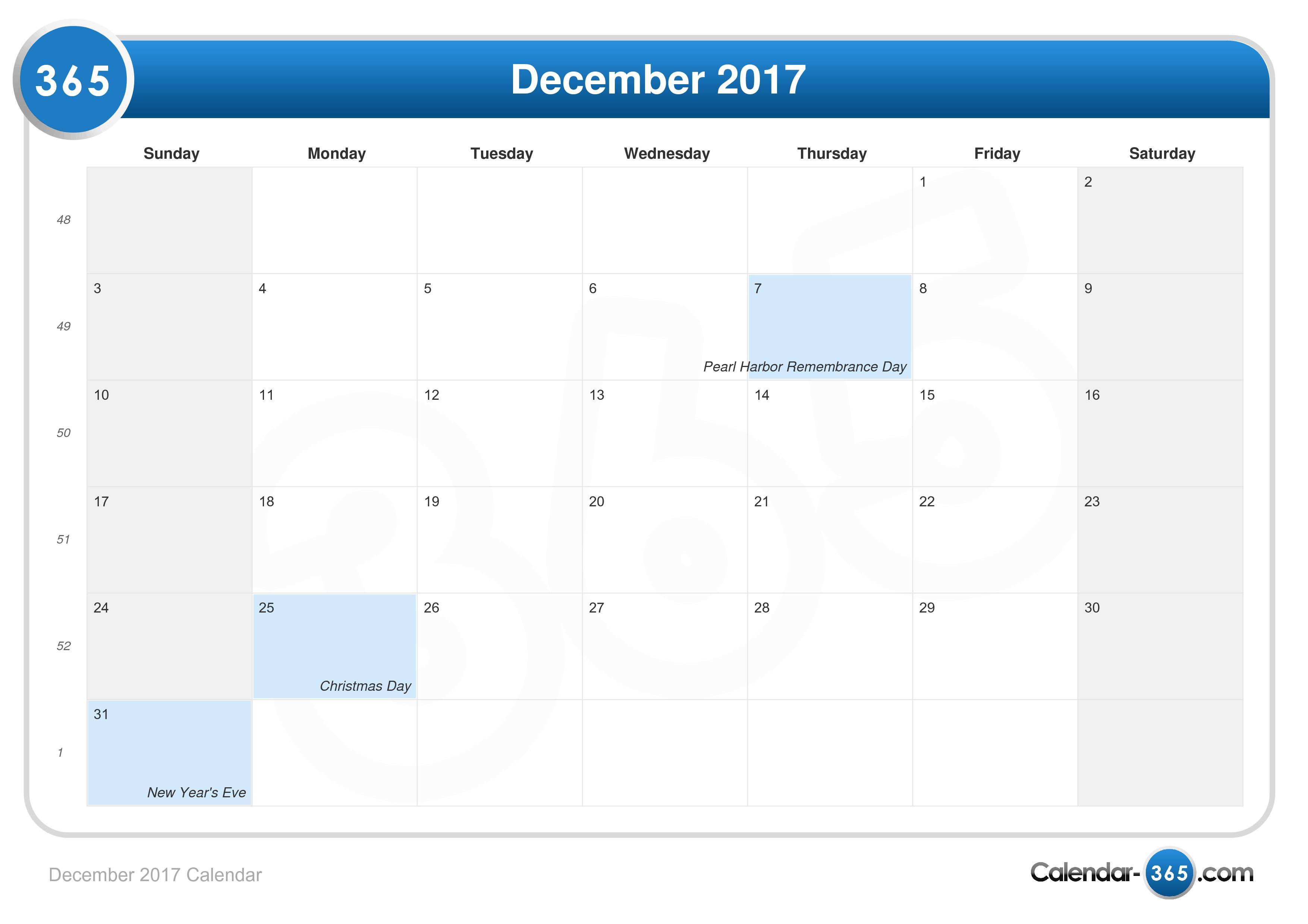 December 2017 Calendar With Holidays | weekly calendar template