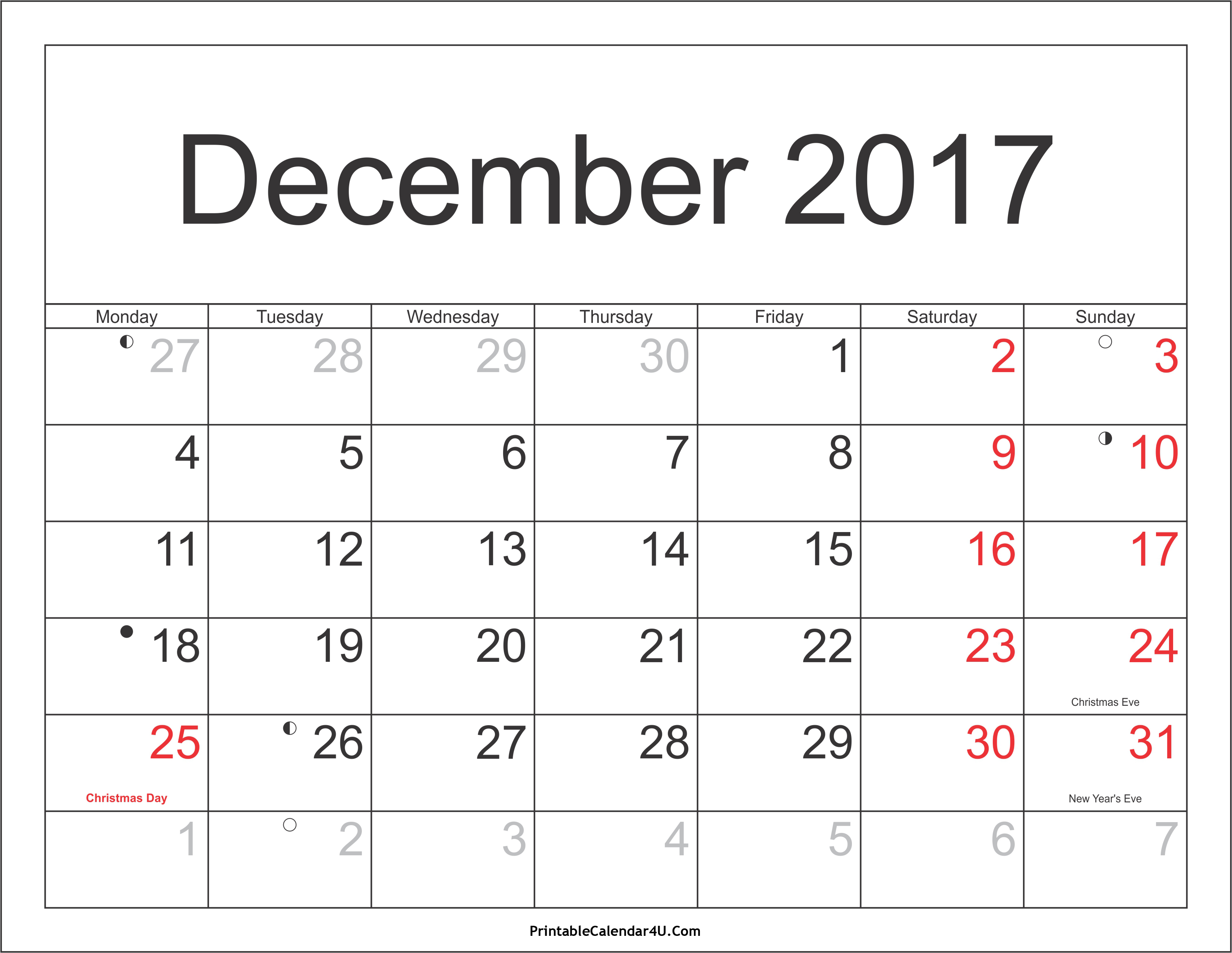 December 2017 Calendar With Holidays | printable calendar templates December 2017 Calendar With Holidays | printable calendar templates