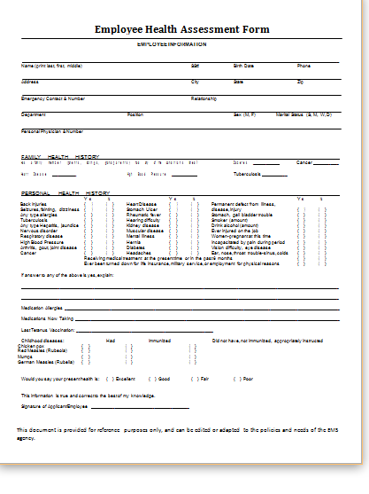 MS Word Health Assessment Forms Templates | Printable Medical MS Word Health Assessment Forms Templates | Printable Medical