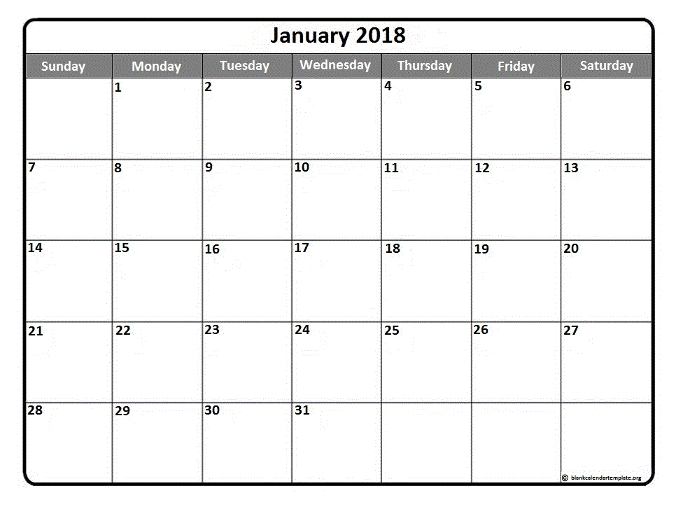 January 2018 calendar template | monthly calendar