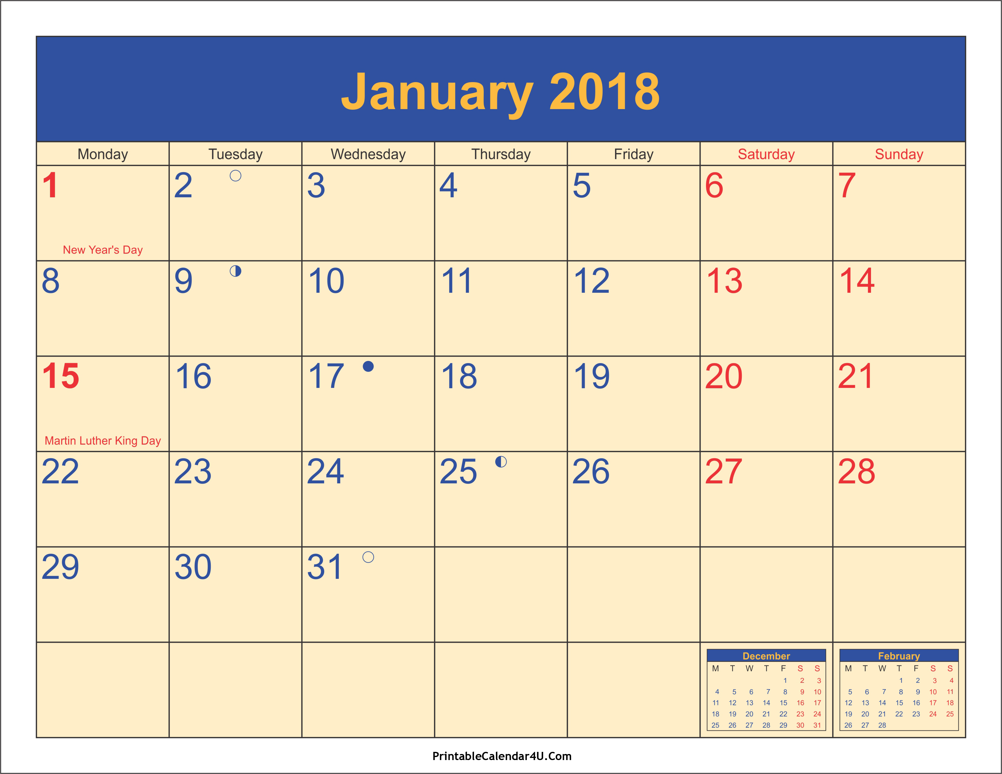 January 2018 Calendar Printable | 2017 calendar with holidays