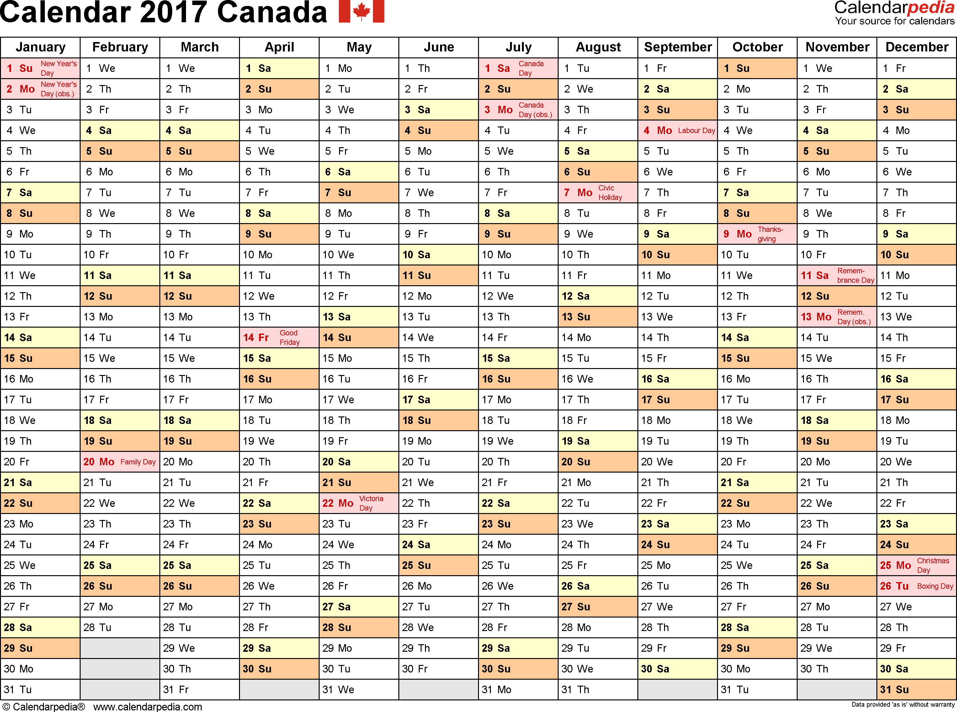 Canada Calendar 2017 free printable Excel templates