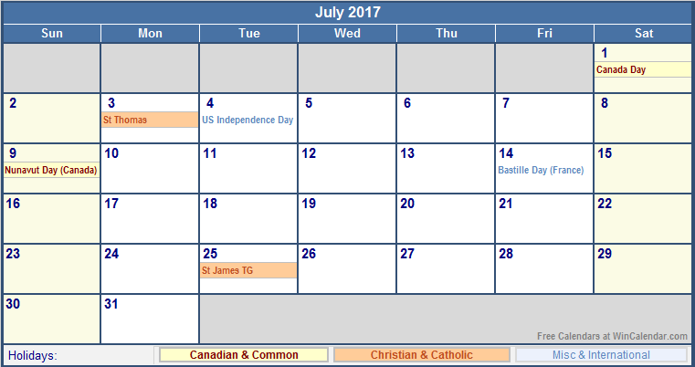 July 2017 Calendar Canada | 2017 calendar with holidays