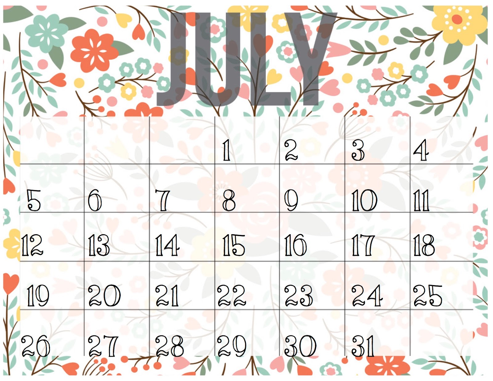 July 2017 Calendar Cute | weekly calendar template
