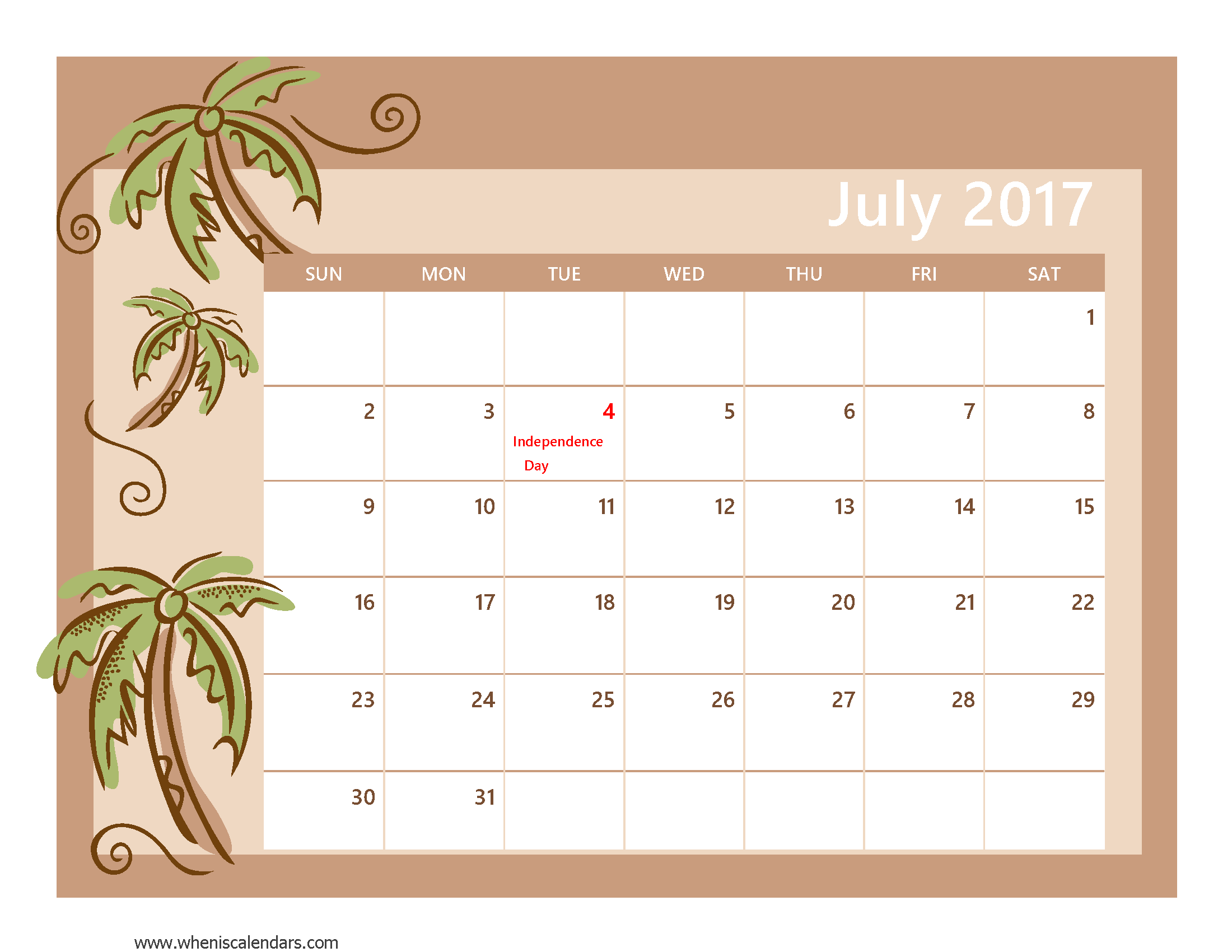 July 2017 Calendar With US Holidays