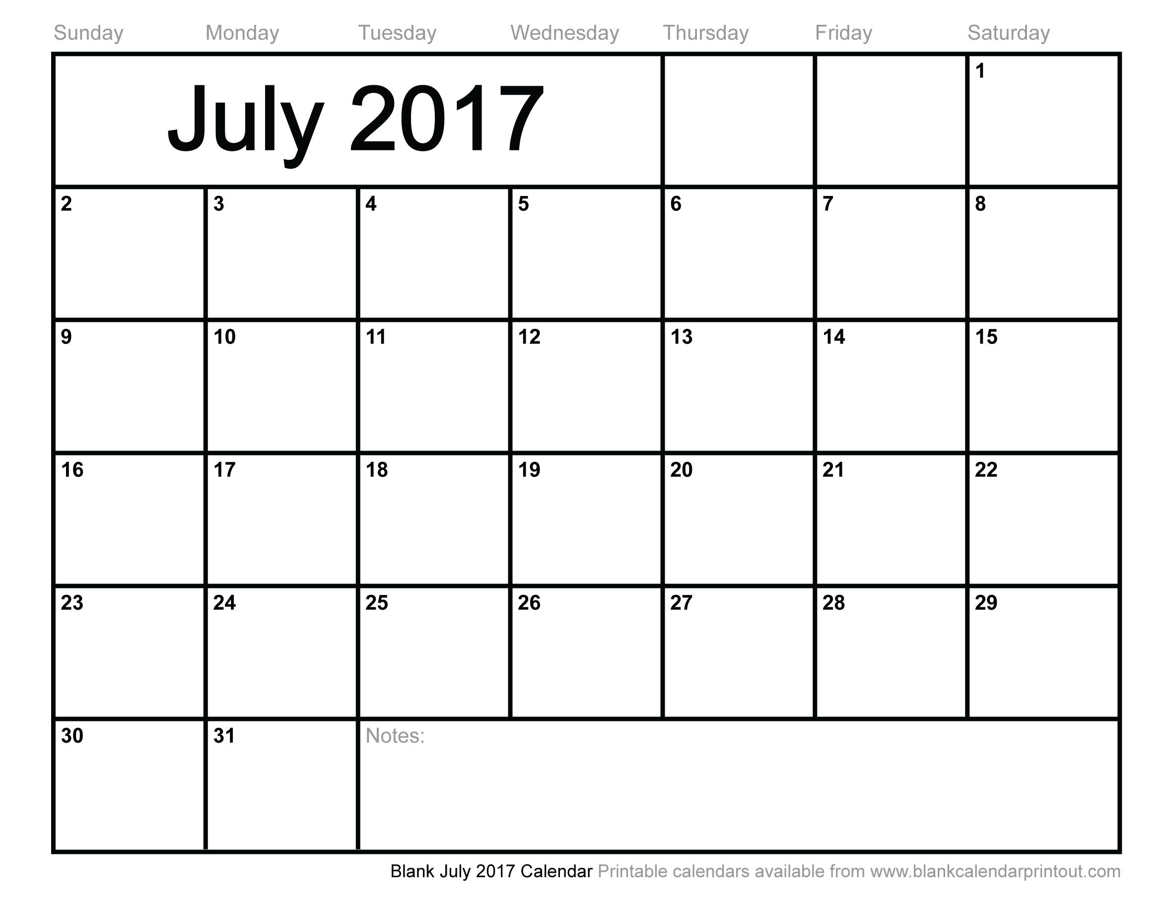 Blank July 2017 Calendar to Print