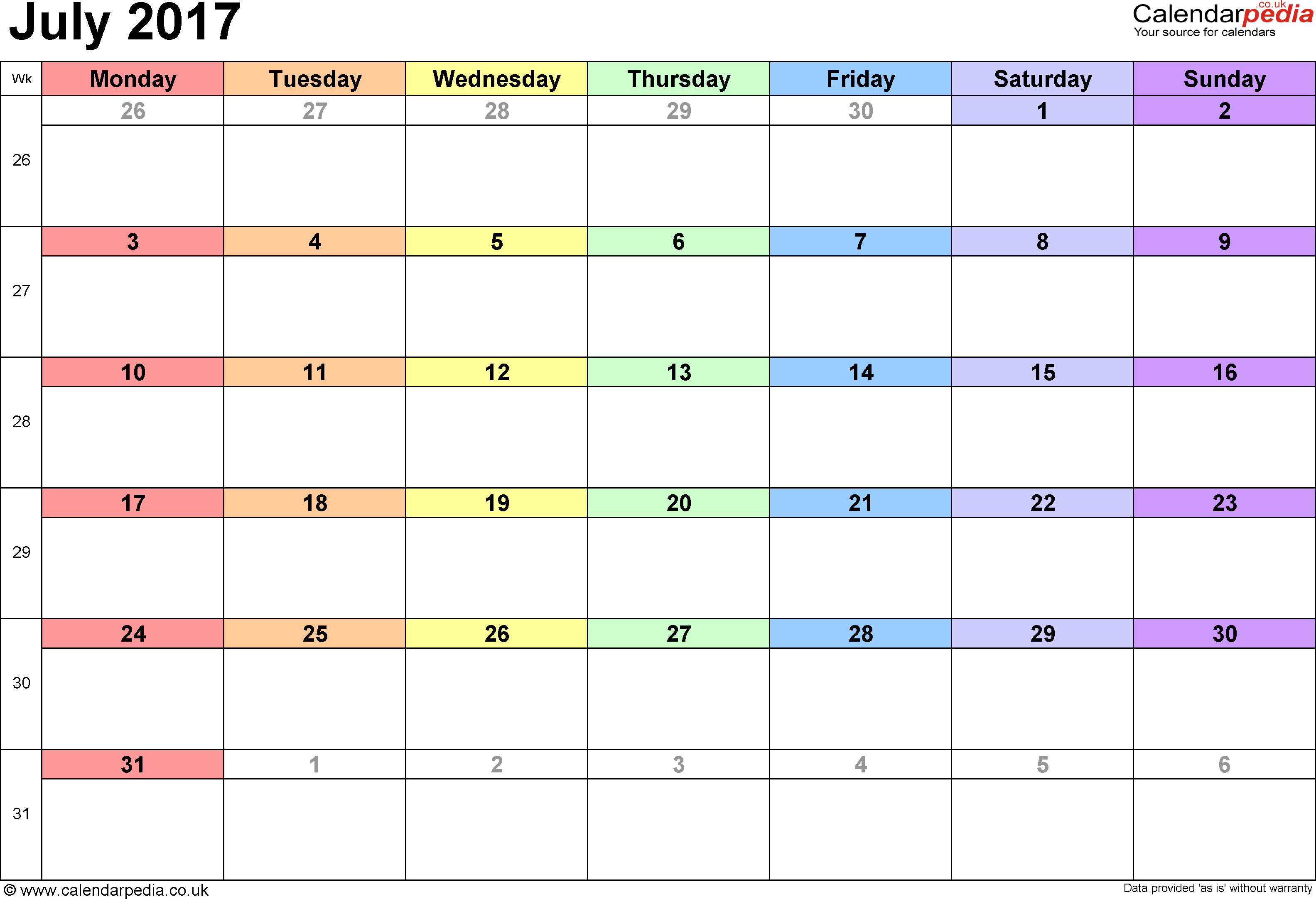 Calendar July 2017 UK, Bank Holidays, Excel/PDF/Word Templates