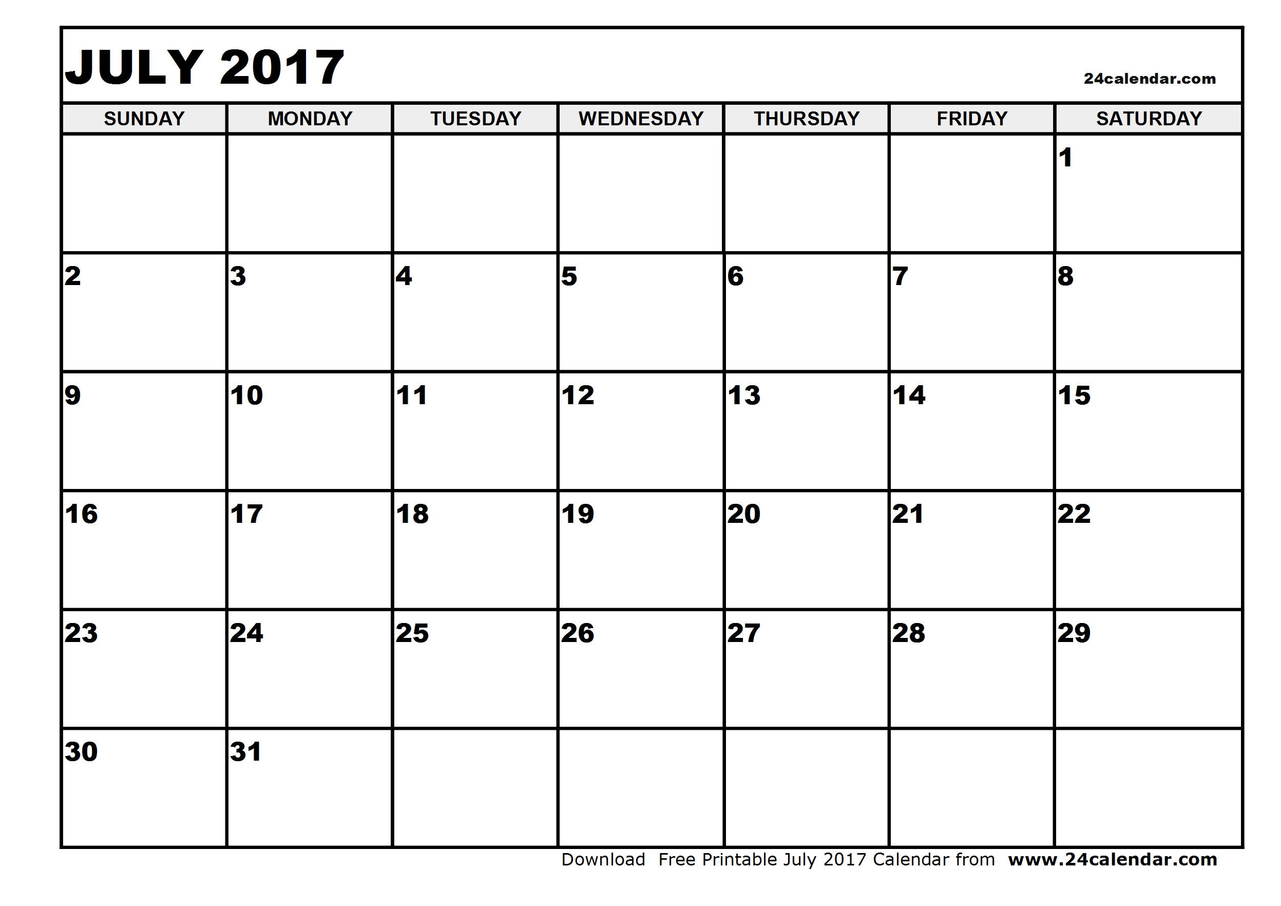 Blank July 2017 Calendar in Printable format.