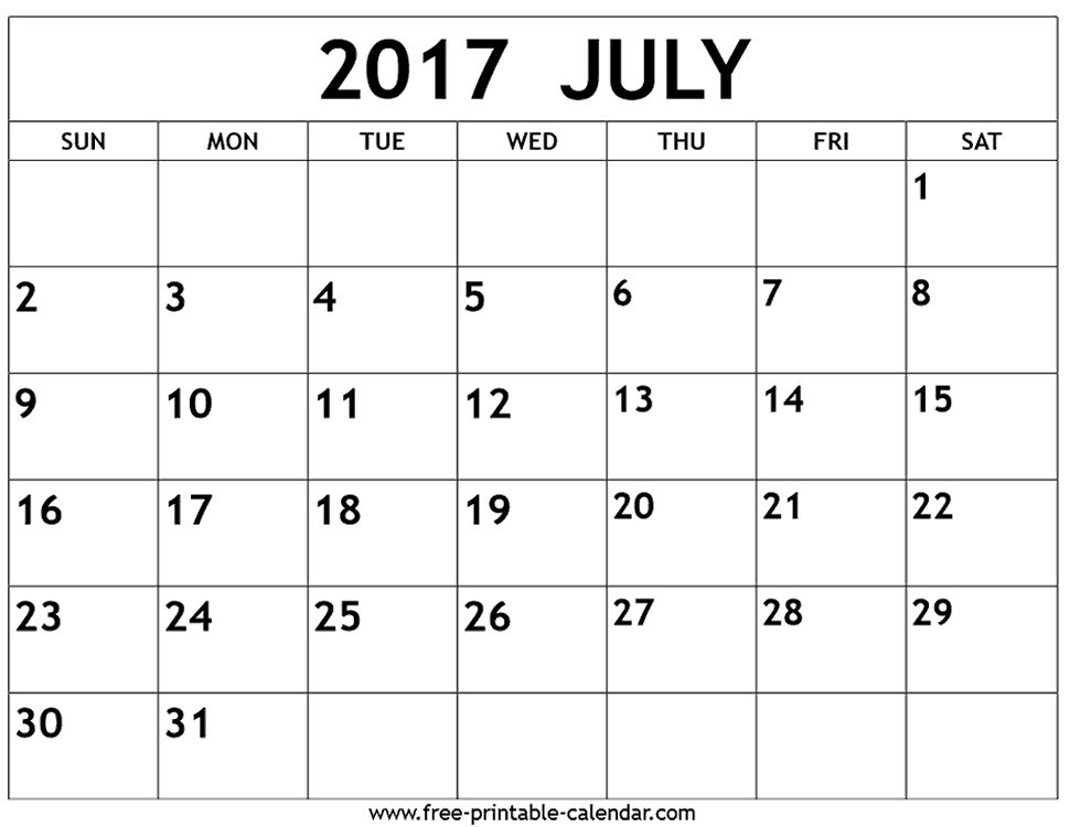 July Month Calendar 2017