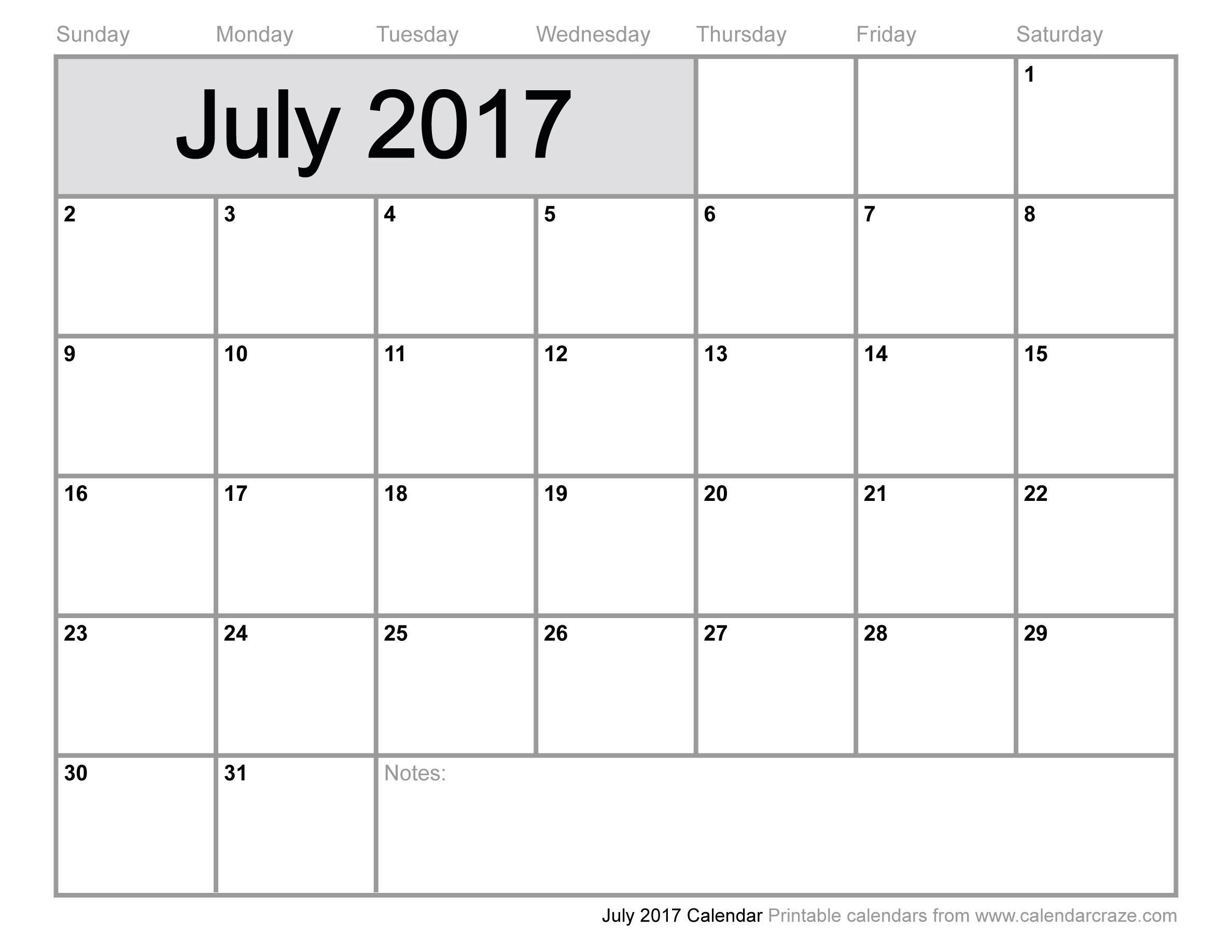 July 2017 Calendar With US Holidays
