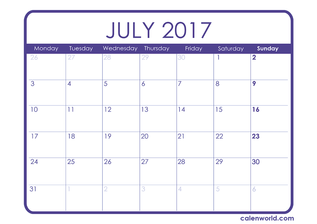 July 2017 Calendar Printable Holidays Template PDF