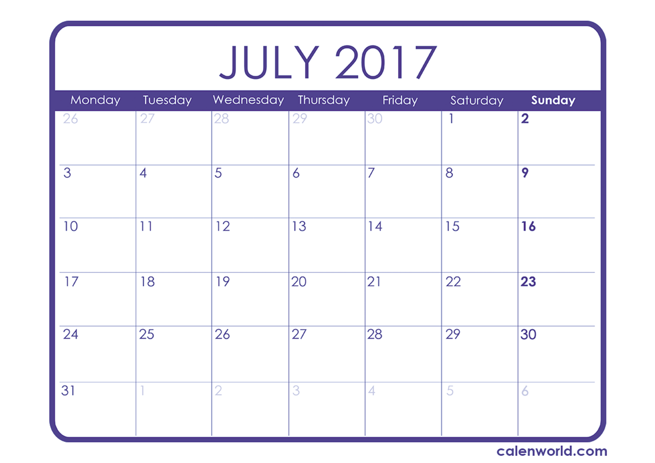 July 2017 Calendar Printable Holidays Template PDF July 2017 Calendar Printable Holidays Template PDF