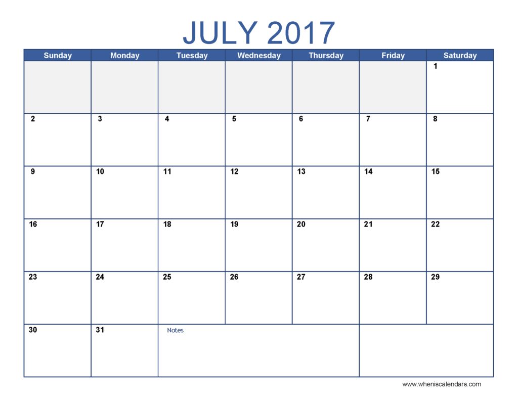 Printable July 2017 Calendar Notes