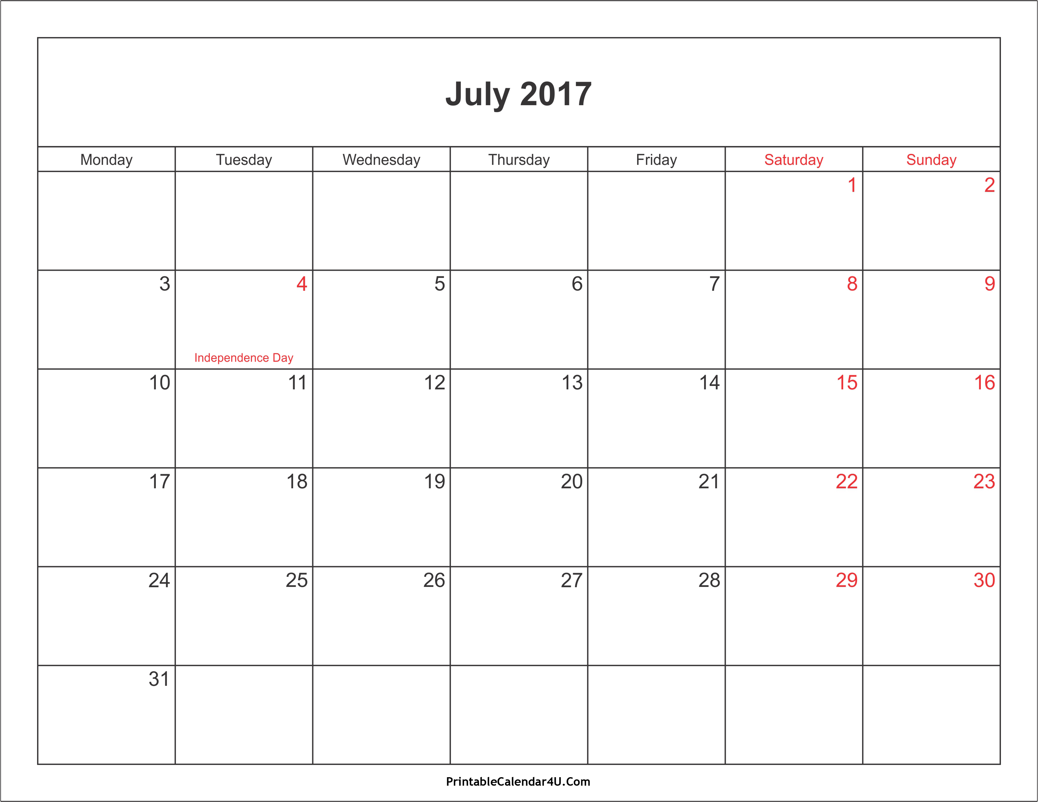 July 2017 Calendar With Holidays | weekly calendar template