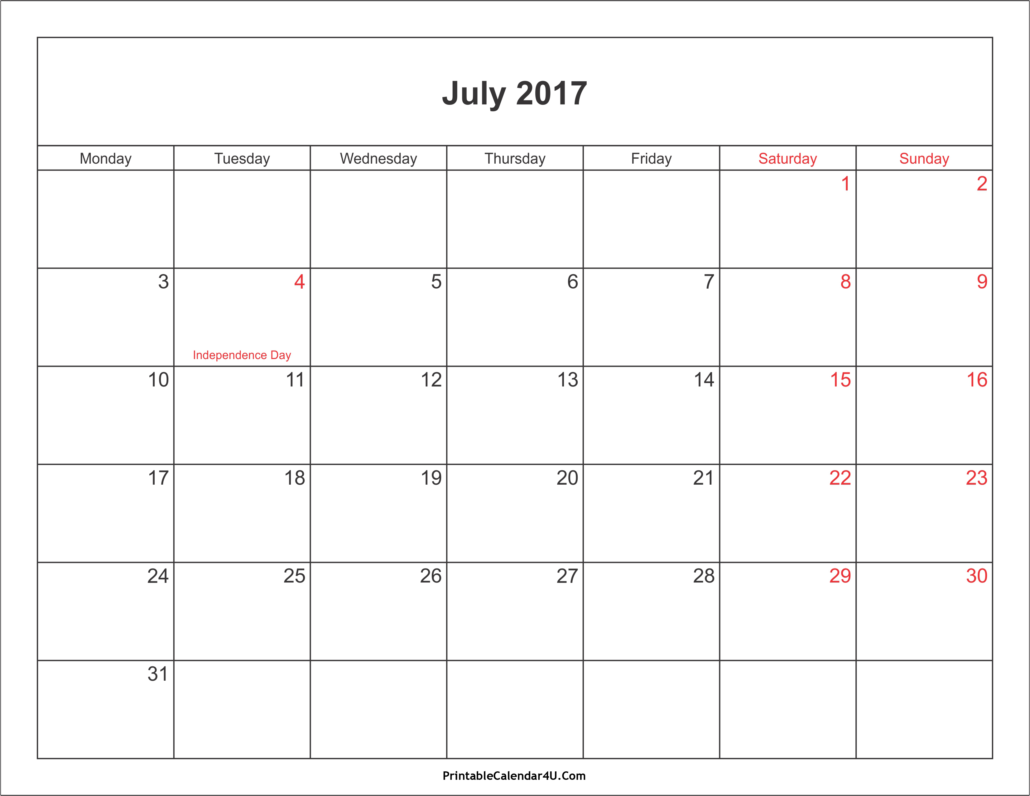 July 2017 Calendar With Holidays | weekly calendar template July 2017 Calendar With Holidays | weekly calendar template