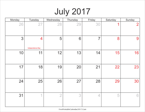 july 2017 calendar with holidays Gallery