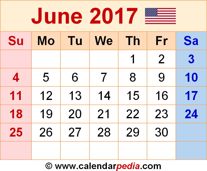 June 2017 Calendars for Word, Excel & PDF