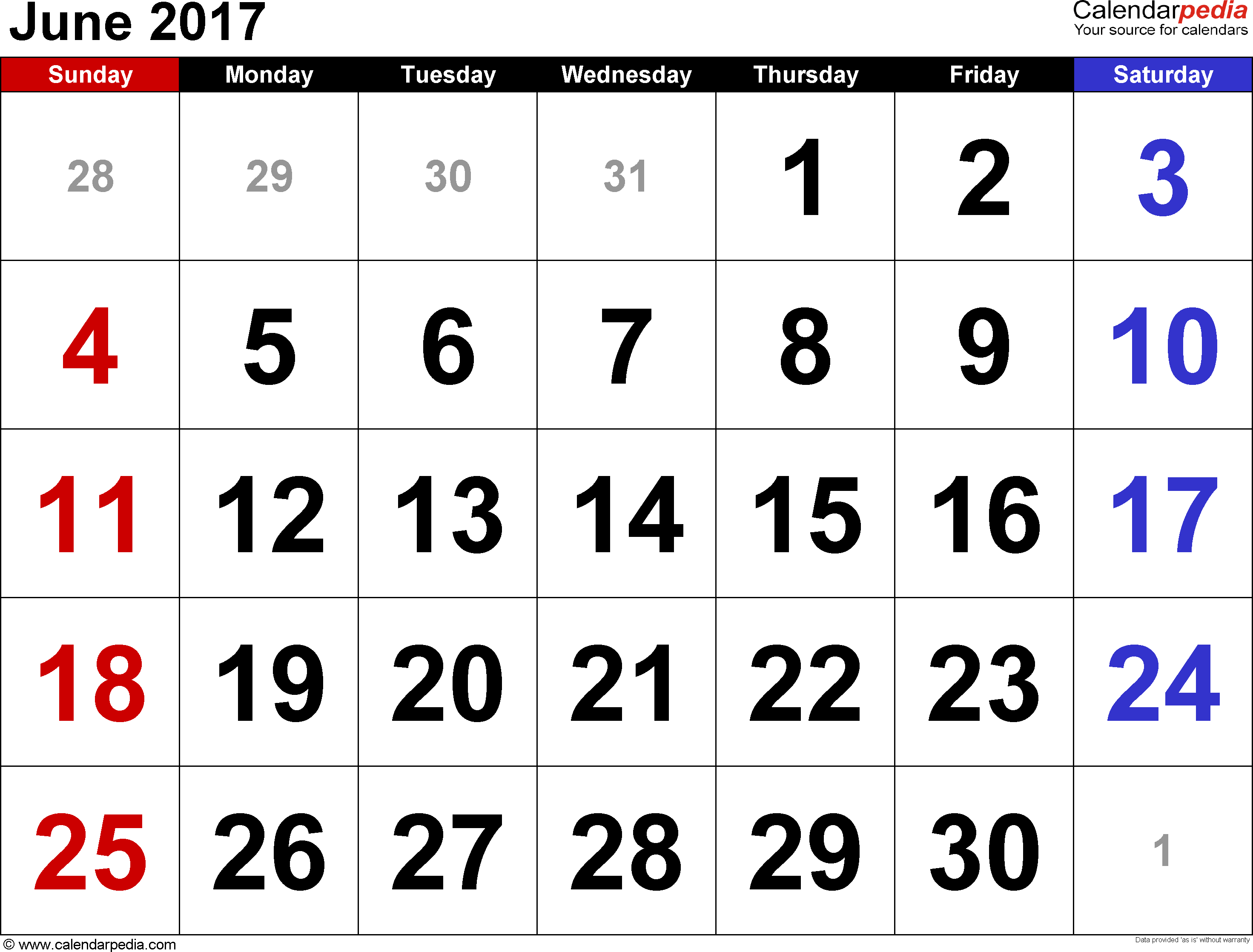 June 2017 Calendars for Word, Excel & PDF