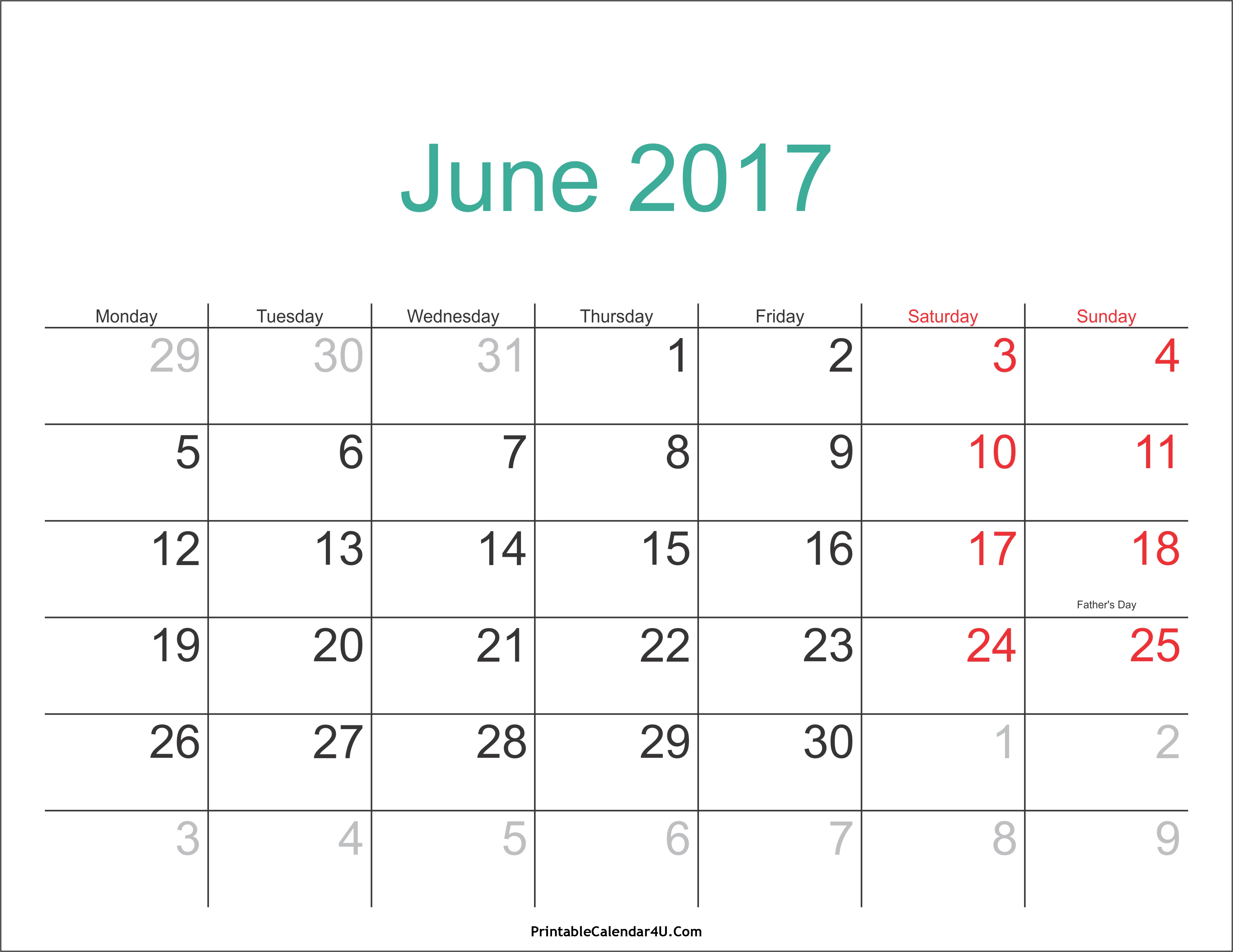 June 2017 Calendar Printable with Holidays PDF and 