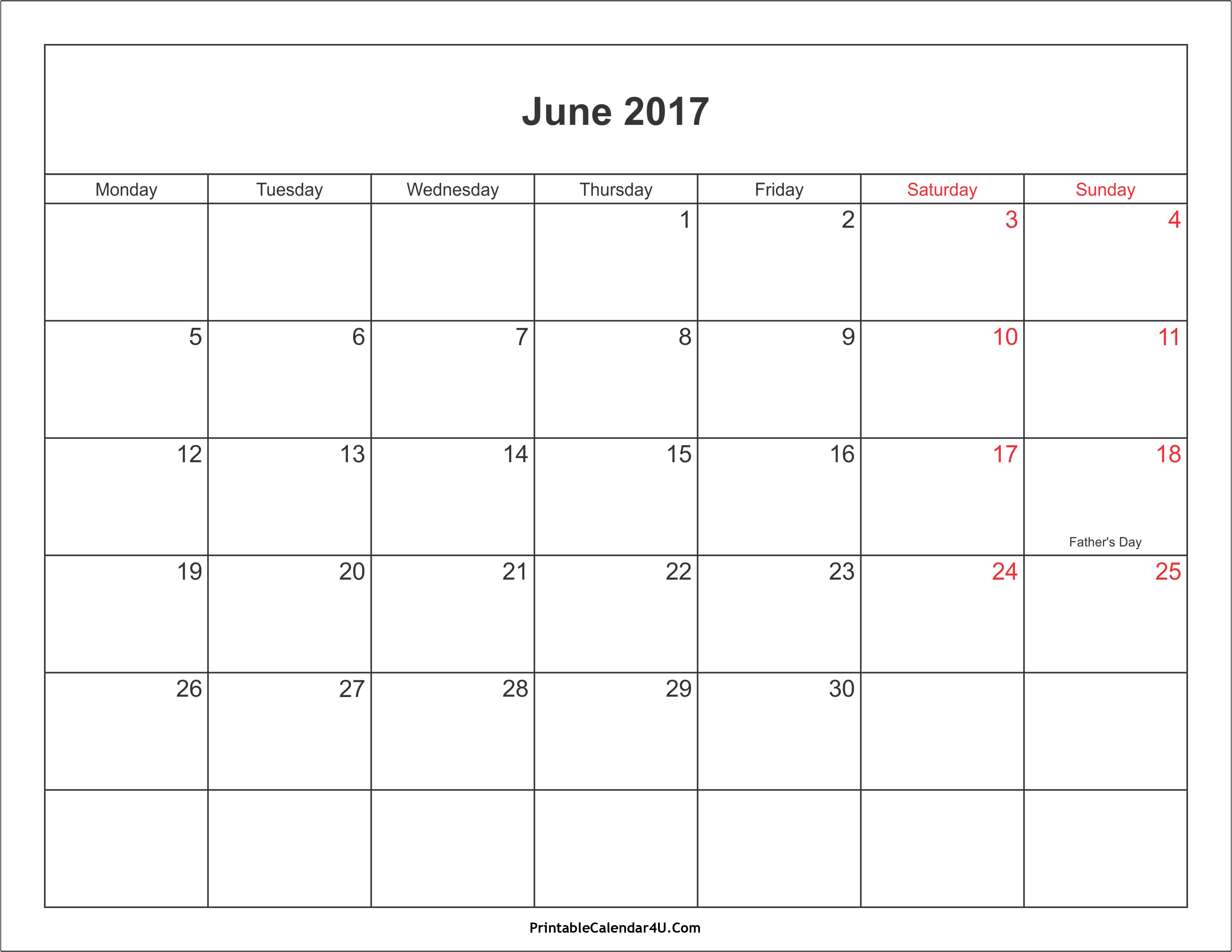 June 2017 Calendar Printable with Holidays PDF and 