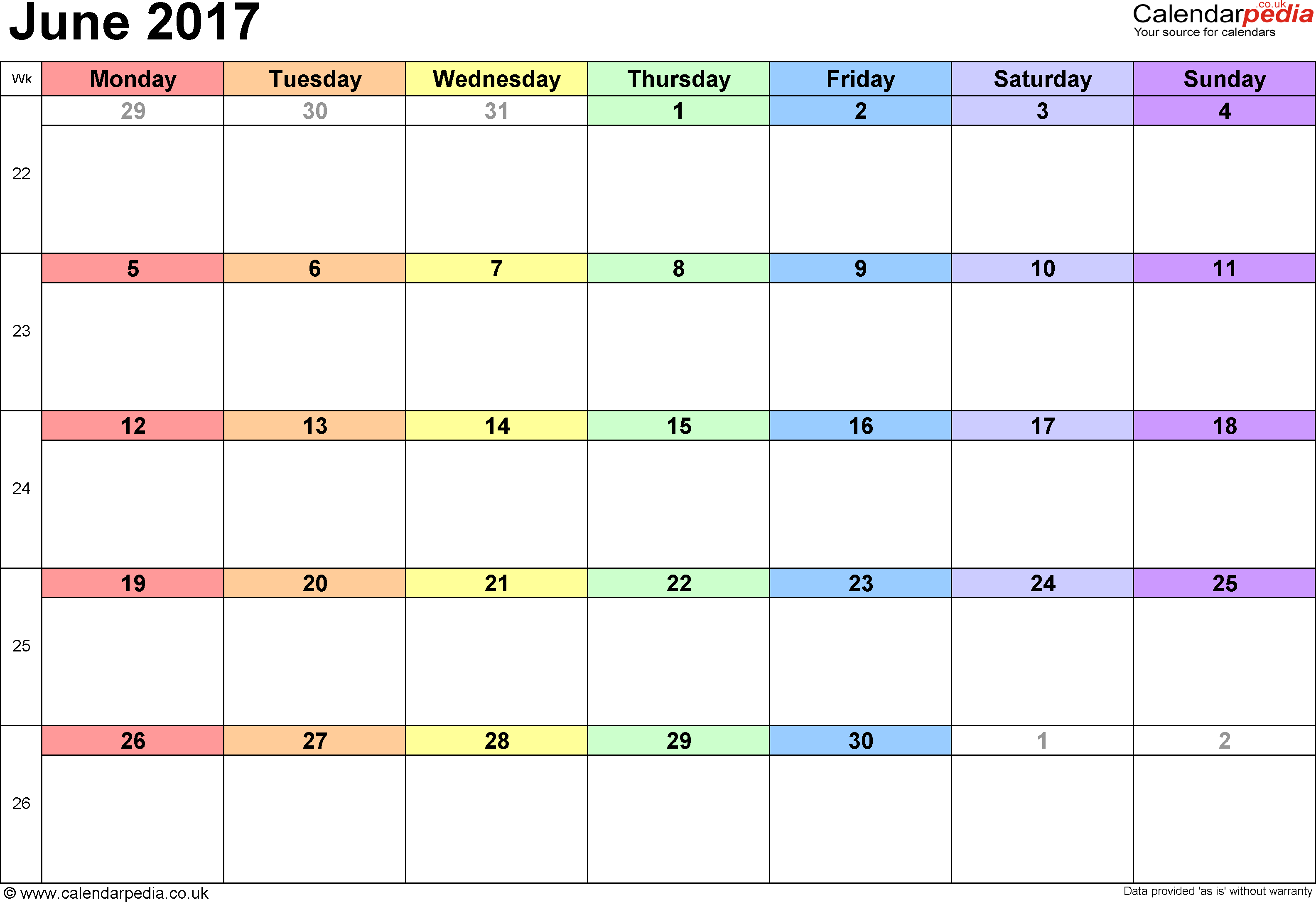 Calendar June 2017 UK, Bank Holidays, Excel/PDF/Word Templates