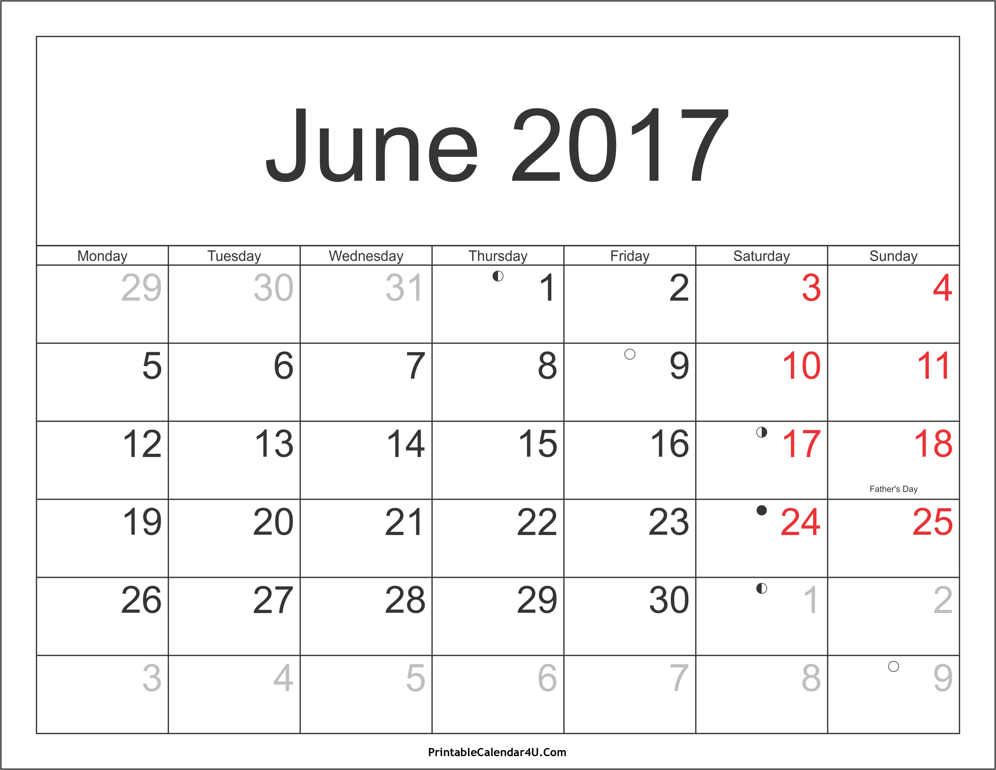 June 2017 Calendar With Holidays | weekly calendar template