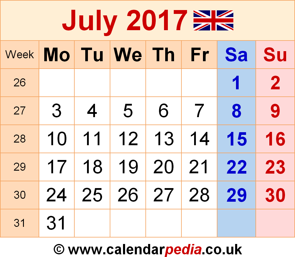 Calendar July 2017 UK, Bank Holidays, Excel/PDF/Word Templates Calendar July 2017 UK, Bank Holidays, Excel/PDF/Word Templates