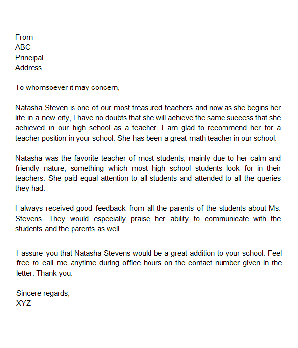 Letter of recommendation for teacher Writing Professional Letters