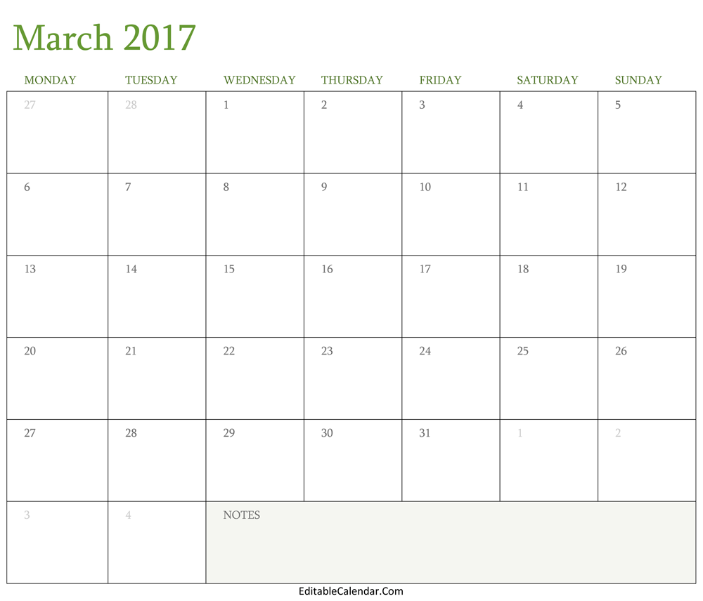 Blank March 2017 Calendar Template Word, PDF Monhly Calendar 2017