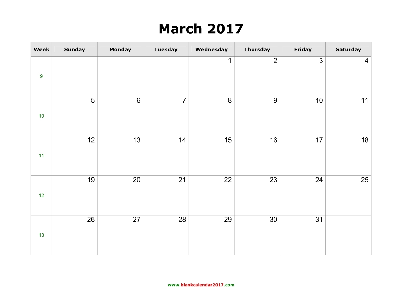 Blank Calendar for March 2017