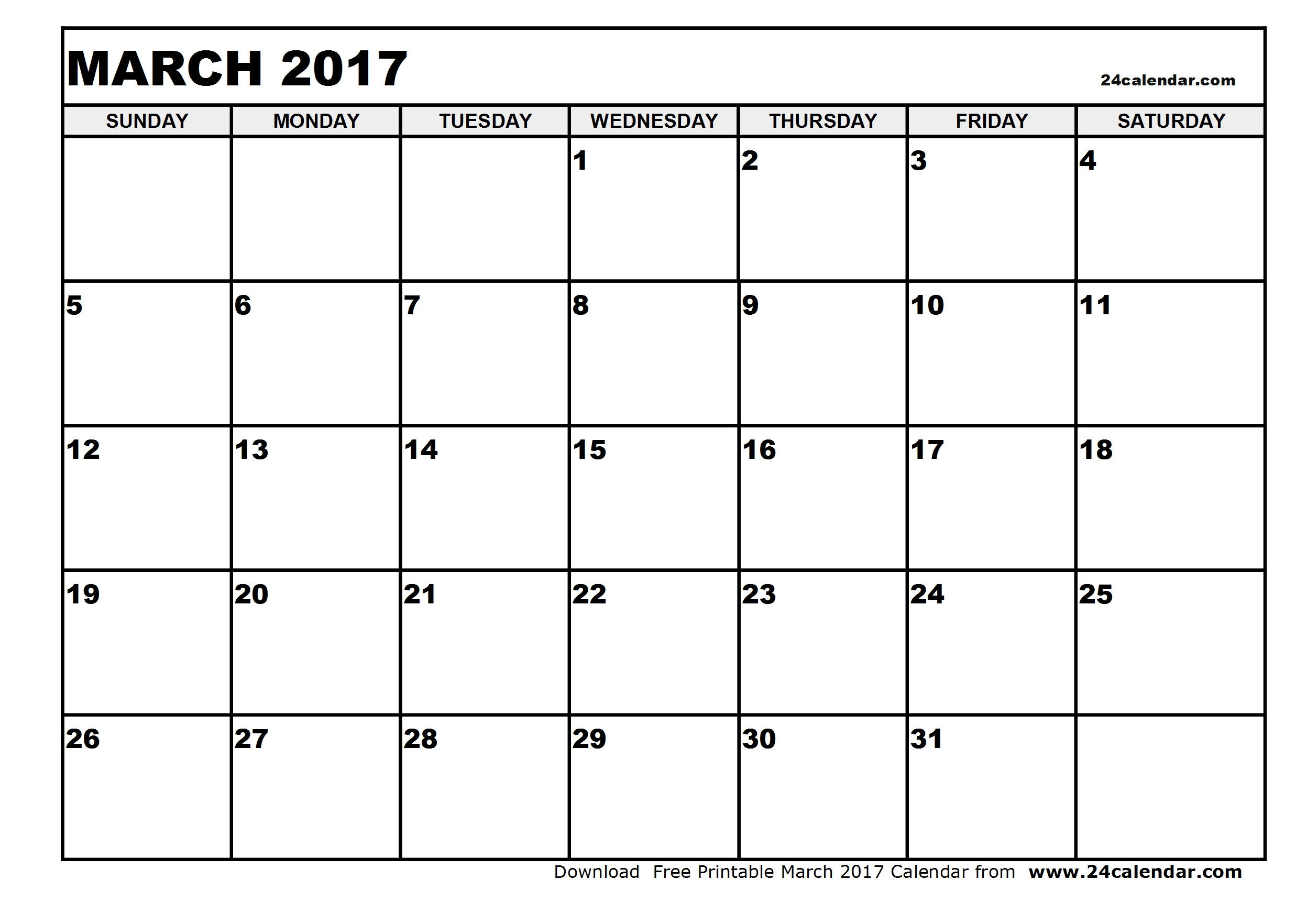 Blank March 2017 Calendar in Printable format.