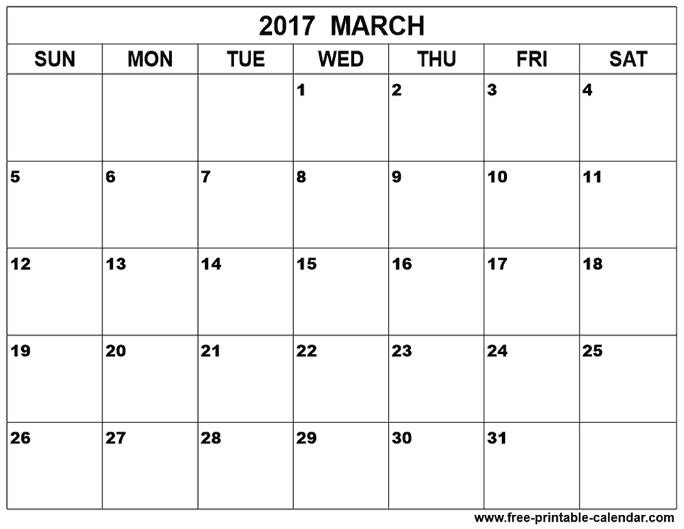 March 2017 calendar template Free printable calendar.com