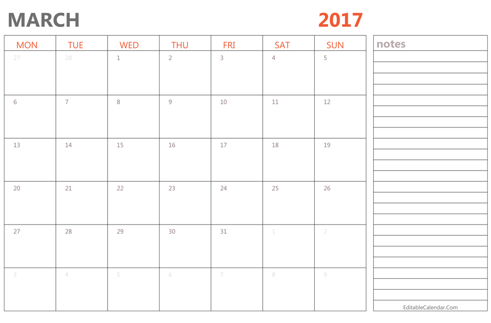 March 2017 Calendars for Word, Excel & PDF