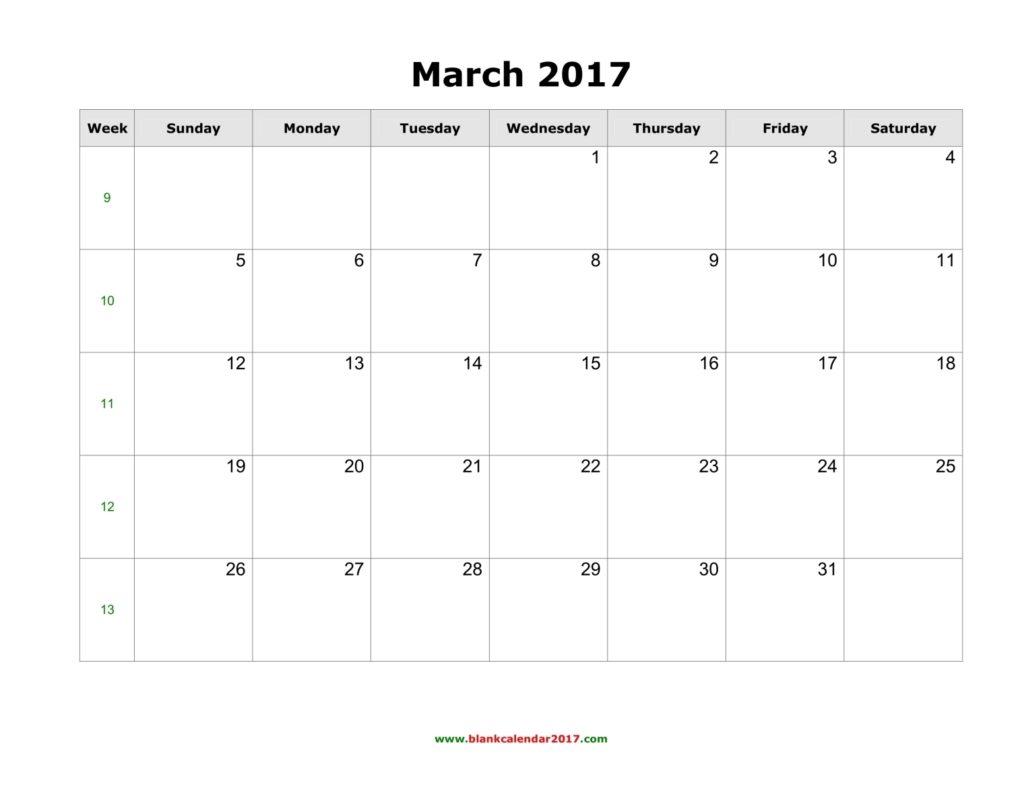 Blank March 2017 Calendar Word