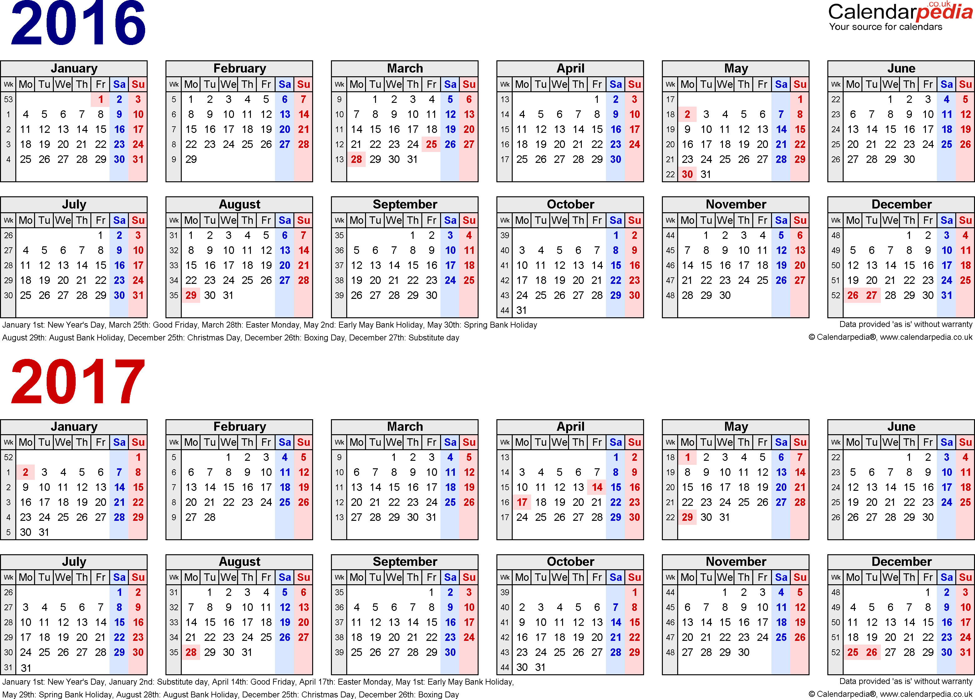 Two year calendars for 2016 & 2017 (UK) for Word Two year calendars for 2016 & 2017 (UK) for Word
