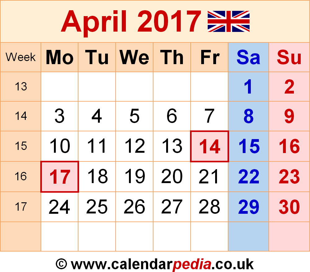 Calendar April 2017 UK, Bank Holidays, Excel/PDF/Word Templates Calendar April 2017 UK, Bank Holidays, Excel/PDF/Word Templates